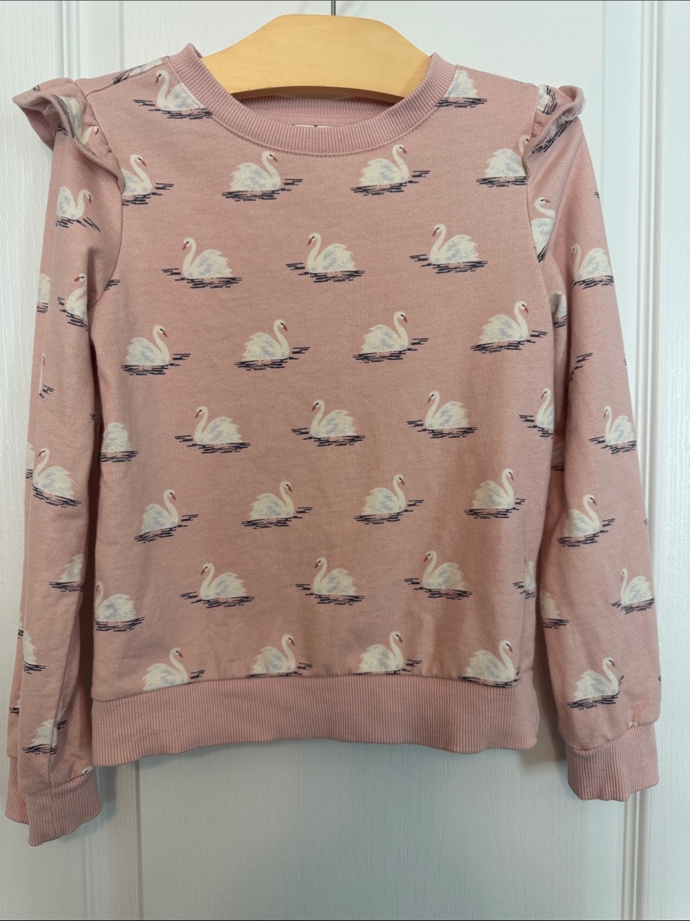 Janie and Jack Girls Size 6 Pink Swan-Print Crewneck Sweater
